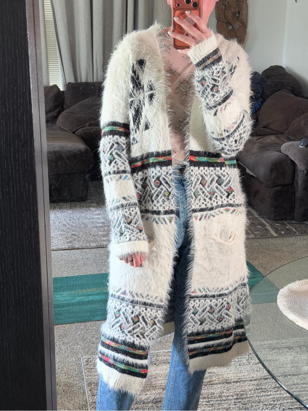 My Michelle Fuzzy Ivory Long Cardigan with Black, Green and Red Accents